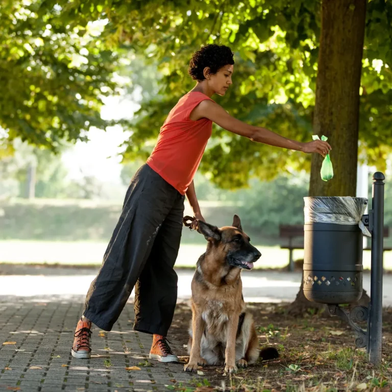 Woman with dog throwing away bag of dog poop at dog waste station in park